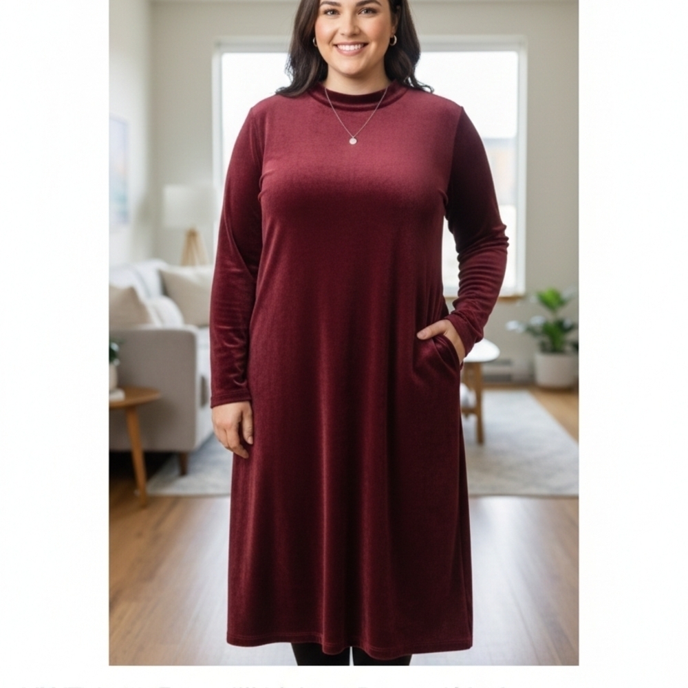 J. Jill Pure Jill Maroon Velour Pocket Midi Dress EUC Size 2X